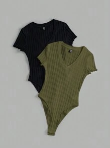 SHEIN EZwear 女士 2 件套休闲简约纯色罗纹针织生菜边紧身连体衣，夏季