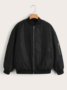 SHEIN CURVE+ Plus Size Zip Up Quilted Lined Baseball Collar Padded Coat, For Winter