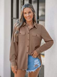 SHEIN LUNE Women Khaki Front & Double Side Pockets Casual Shirt - Khaki - View 1