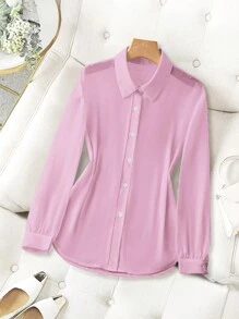 Franclia Basic Solid Translucent Collared Simple Shirt Fall Cloth For Women - Pink - View 4