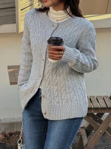 Chiquease Plain Round Neck Cable Knit Cardigan For Women