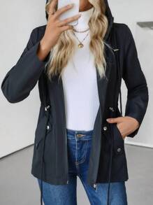 SHEIN Clasi Women's Casual Solid Color Drawstring Waist Hooded Jacket, Autumn - Black - View 5