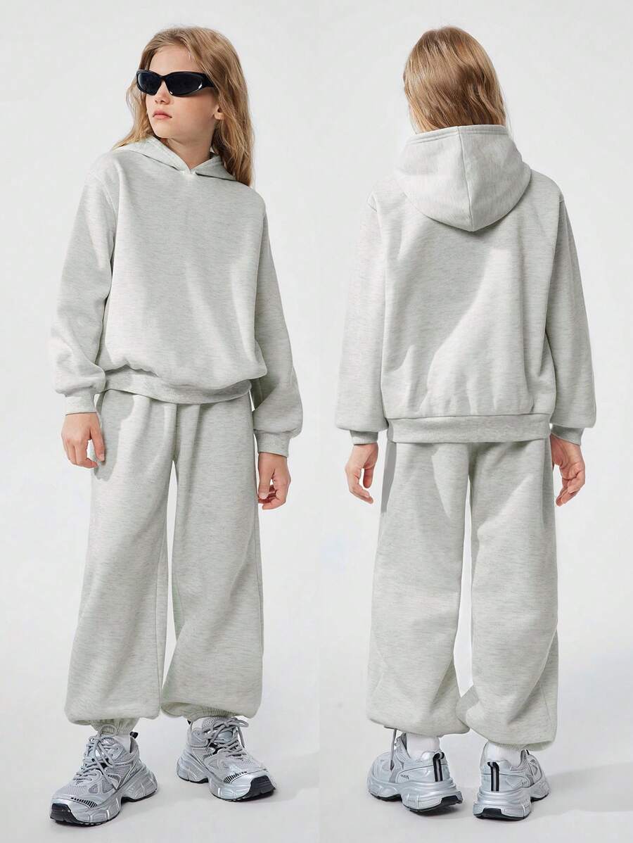 SHEIN 2 Peças Conjunto de Moletom com Capuz e Calça de Cor Sólida Casual para Meninas Pré-Adolescentes - Cinza - Visão 1