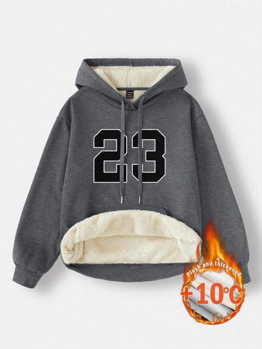 Muchica 女士休闲宽松蓬松高领拉链加厚保暖 23 印花连帽衫，适合秋冬季 - 灰色 - 查看 1