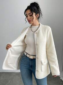 Chiquease Women White Contrast Trim Teddy Fluffy Jacket - Elegant Comfortable Wind-Resistant Warm Outerwear, Round Collar Regular Fit - Apricot - View 6