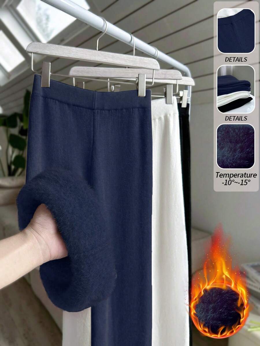 Chiquease Quần ống loe dệt kim sọc cạp cao dành cho nữ, quần dài Maxi Palazzo bó sát co giãn, mùa thu/đông - Xanh đậm - Xem 1