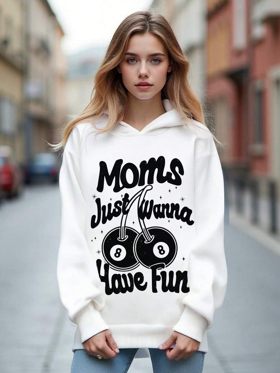 SHEIN Sudadera con capucha a juego de estilo casual para hermanas, manga larga de otoño, versátil, con letras en inglés y números de cereza impresos, con puños y dobladillo acanalados, unisex para reuniones familiares y actividades al aire libre, adolescentes y niñas