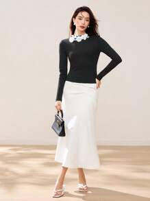EastFlair Women Solid Color Simple Stylish Casual Mermaid Hem Midi Skirt, Everyday Wear