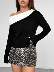 Flirla 1pc Women Multi-Color Shoulder Cutout, Color Block, Sexy, Versatile Sweater Suitable For Party, Photo Taking, Commuting Knit Pullover Fall Winter - Multicolor - View 5