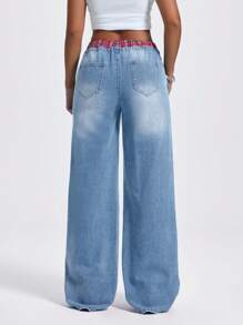 SHEIN ICON Fashionable Casual Plaid Patchwork Wide Leg Jeans Low Rise Straight Leg Baggy Jeans Women - Light Wash - View 2