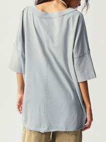 Bohemela Áo thun tay ngắn cổ chữ V màu trơn đơn giản dành cho nữ - Màu xanh Bạc hà - Xem 7