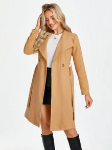 SHEIN LUNE Women's Notched Collar Waist Tie Bow Patch Pocket Casual Commute Elegant Overcoat, Autumn/Winter - Camel - View 4