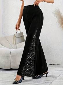 Plus Size Fashionable Flare Pants With Sequin Patchwork, Suitable For Party - Black - View 1