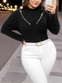SHEIN Clasi Plus Embellished Blouse,Sparkling Rhinestones Knit Pullover Black,Autumn,Elegant,Formal,Dinner,Evening,Dazzling Decorative Design Fall Winter Top - Black - View 4