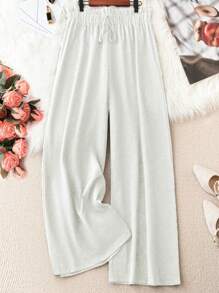 SHEIN LUNE Kích thước lớn Màu thuần Thắt lưng túi giấy Giải trí Quần - trắng - Xem 5