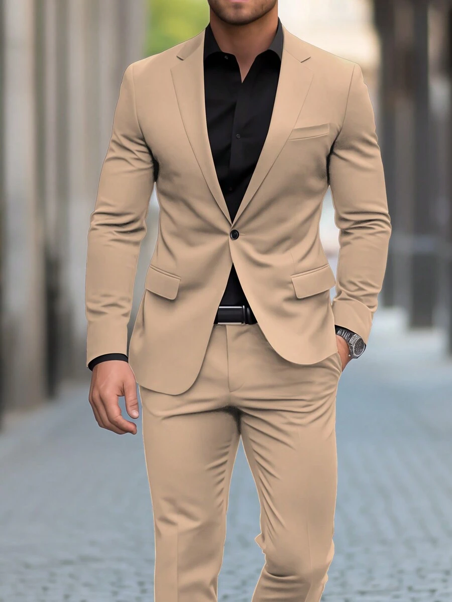 Calvornis Men's Solid Color Front Button Long Sleeve Pocket Simple Shirt And Long Pants Suit Set - Khaki - View 1