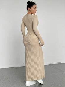 Flirla Casual Women Versatile Long Knit Sweater Dress Fall Cloth For Women - Khaki - View 2