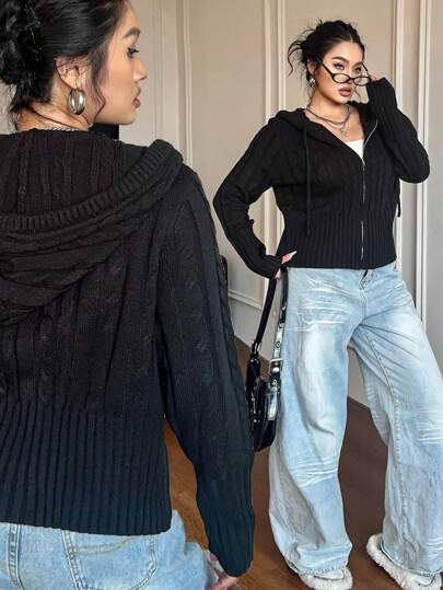 Flirla 大码纯色前拉链长袖连帽衫上衣，休闲日常穿着，适合冬季