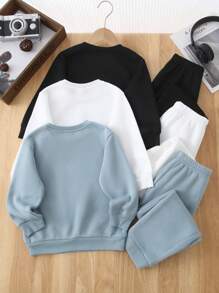 SHEIN Leap Crew 6 件套年轻男孩休闲校园风格舒适、时尚、实用的羊毛圆领运动衫和运动裤套装，带有英文图形设计，舒适厚实，适合青少年男孩返校、日常穿着、旅行、运动、秋冬季 - 黑色 - 查看 3
