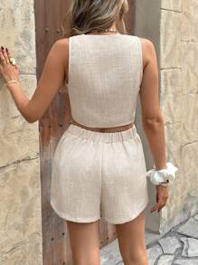 SHEIN Frenchy Bộ 2 món áo cánh không tay cổ chữ V cài nút và quần short rộng rãi thường ngày cho nữ, bộ vest cổ chữ V thời trang thu đông - Màu be - Xem 2
