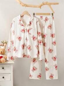 SHEIN 2pcs/Set Teen Girl Apricot Cute Bear Print Casual Loose Fit Long Pants & Long Sleeve Homewear Set - Apricot - View 1