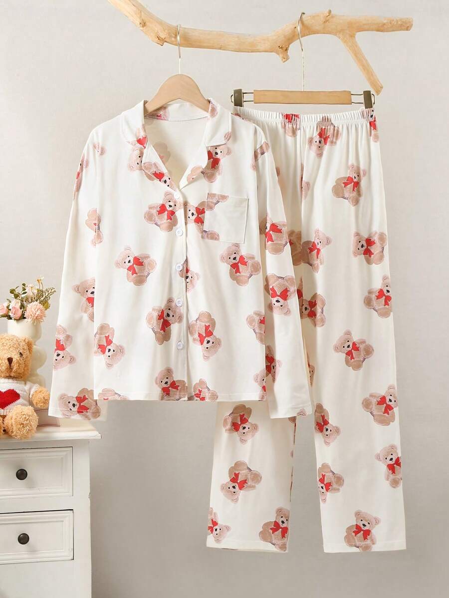 SHEIN 2pcs/Set Teen Girl Apricot Cute Bear Print Casual Loose Fit Long Pants & Long Sleeve Homewear Set - Apricot - View 1