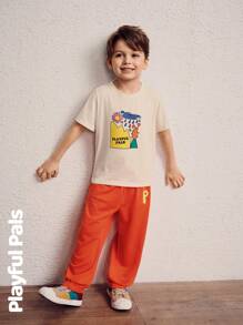 SHEIN 2 Pcs Young Boys Sets Fun Geometric Pattern Basic Casual Short-Sleeve T-Shirt & Sweatpants Suits Cute/Retro/Casual/Outing Spring/Summer Suitable For School And Outings - Orange - View 5