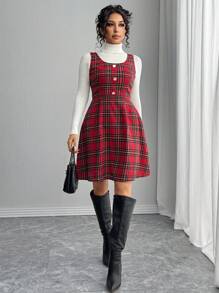 Chiquease Women's Sleeveless Button-Up Plaid Casual Crew Neck A-Line Pinafore Dress - Red - View 5