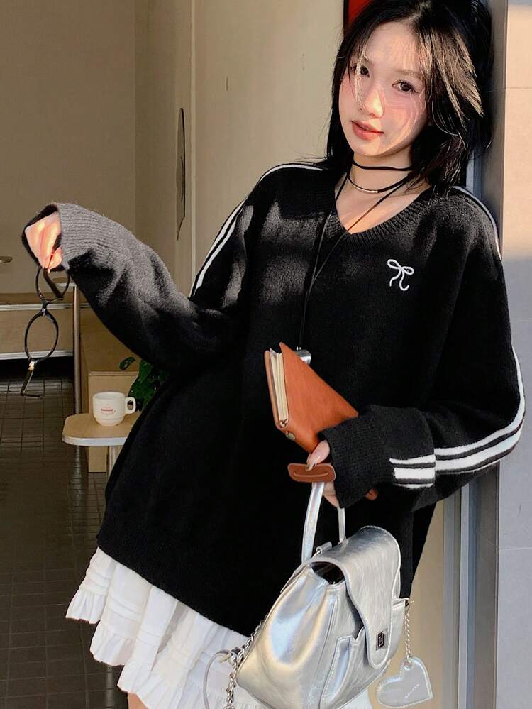 Women's V-Neck Contrast Stripe Bow Embroidery Pullover Black Sweater,Fall Clothes