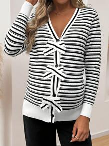 SHEIN Blusa básica a rayas de manga larga con botones y nudo adelante, casual para uso diario, para mujeres embarazadas