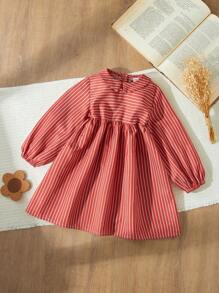 Blossori Young Girl Peter Pan Collar Long Sleeve Striped Minimalist Casual Dress, For Christmas - Red - View 1