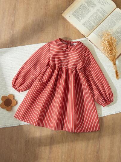 Blossori 年轻女孩彼得潘领长袖条纹简约休闲连衣裙，适合圣诞节