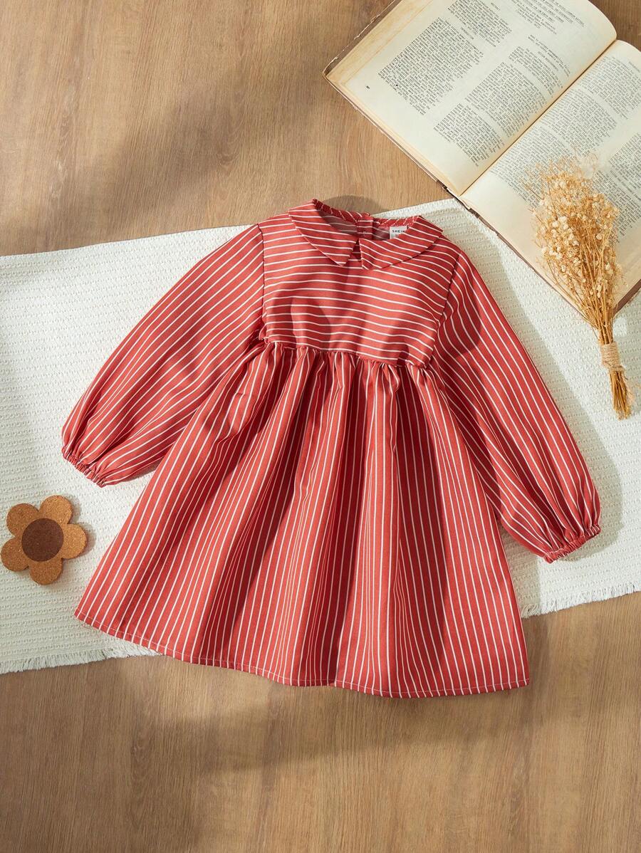 Blossori Young Girl Peter Pan Collar Long Sleeve Striped Minimalist Casual Dress, For Christmas - Red - View 1