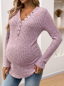 SHEIN Maternity Front Button Long Sleeve Simple Rib T-Shirt, Casual Everyday Wear - Mauve Purple - View 5