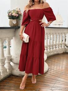 Pariaura 女士方领短袖镂空简约休闲长裙酒红色长款女装