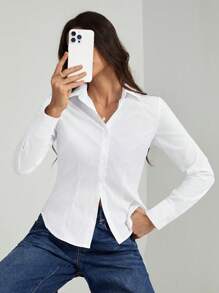 SHEIN Tall Áo sơ mi dài tay màu trơn tối giản giản dị, đa năng cho mùa thu - trắng - Xem 3