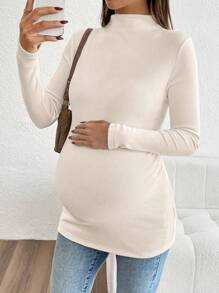 SHEIN Maternity Long Sleeve Solid Color Stand Collar Ribbed Fitted Casual T-Shirt, Autumn