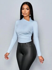 SOLERSUN T-shirt moulant à col asymétrique froncé, couleur unie tendance, automne