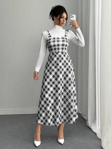 Elenzga Váy midi dệt kim co giãn không tay kẻ sọc đỏ Giáng sinh có eo dành cho nữ, đa năng cho trang phục Maxi mùa thu/đông dành cho nữ - Đen và trắng - Xem 1