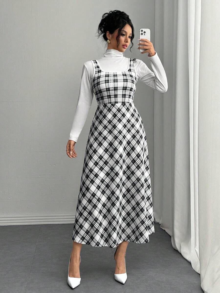 Elenzga Váy midi dệt kim co giãn không tay kẻ sọc đỏ Giáng sinh có eo dành cho nữ, đa năng cho trang phục Maxi mùa thu/đông dành cho nữ - Đen và trắng - Xem 1