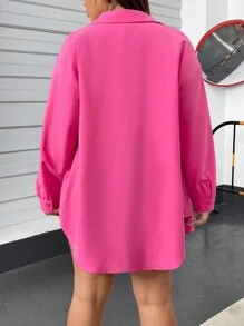 SHEIN Essnce 大码女式秋季休闲宽松粉色长袖纽扣衬衫和黑色连体衣两件套，秋季女装，女装，服装套装，返校节，Y2k，街头服饰，适合夏季 - 玫紅色 - 查看 4