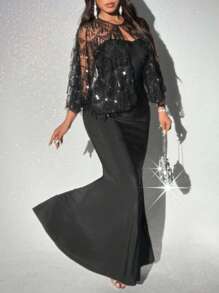 Viva Relle 2pcs Set: Plus Size Mesh Sequin Shawl Cape And Sexy Bodycon Tube Mini Dress - Black - View 2