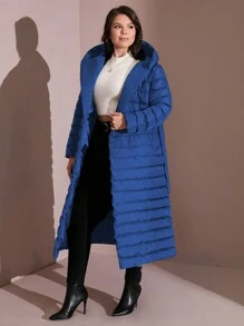RueChic Women's Plus Hooded Longline Puffer Thick Pockets Belted Buttoned Winter Coat - Navy Blue - View 4