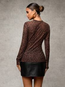 SHEIN BAE Women Leopard Print Flock Fitted Long Sleeve Blouse