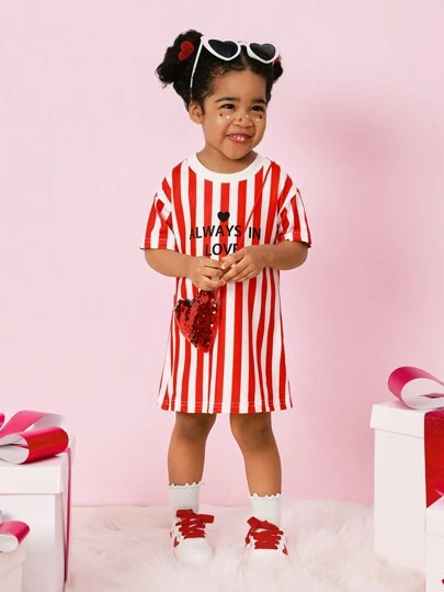 SHEIN Holiday,Summer,Travel  Baby Girl Red Vertical Stripe Valentine's Day & New Year Letter Print Dress, Cute & Warm, Suitable For Outing, Party, New Year And Valentine's Day Wear