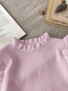SHEIN LMoss Kids LMoss Babygirl Ruffled Hem Solid Color Simple V-Neck Long Sleeve Knit Sweater, Versatile For Autumn/Winter - Pink - View 4