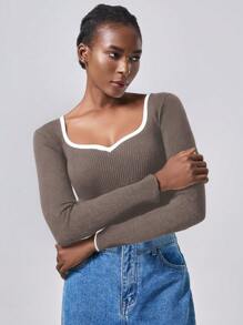 Almamuse Suéter de punto con cuello de corazón y ribete de contraste, jersey de punto para otoño e invierno - Caqui - Ver 6