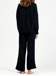 Bộ 2 áo len dài tay cổ tròn màu trơn kèm quần len thường ngày - màu đen - Xem 2