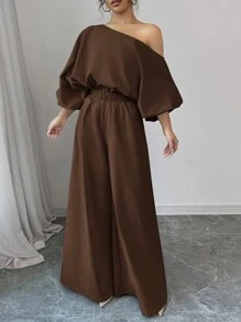 Firerie 2 Pieces Women's Casual Solid Color Asymmetric Neck Lantern Sleeve Top And Elastic Waist Wide-Leg Pants Set, Spring/Autumn - Rust Brown - View 6