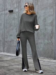 SHEIN Essnce Plus-size damespak, herfst/winterpak, grijs casual pak, damesset dameskleding, dameskledingsets winterset